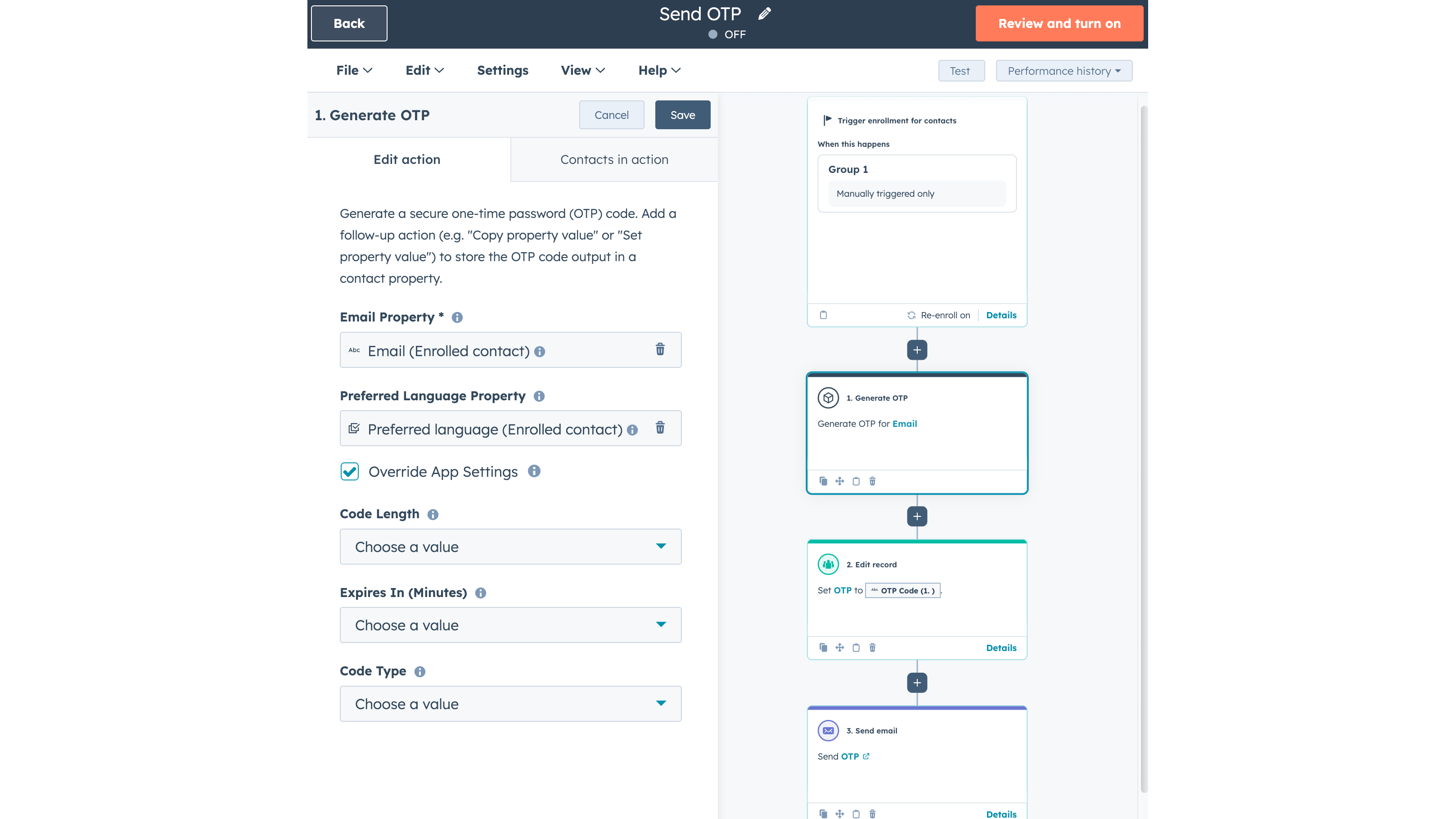 HubSpot workflow editor showing the Generate OTP action with configuration options for code type, length, and expiration